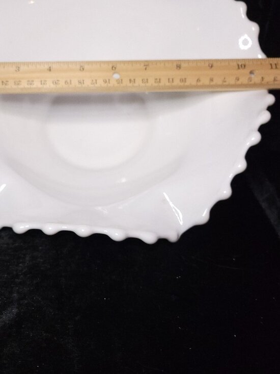 Vintage Fenton Milk Glass Banana Bowl: Hobnail Ruffled Edge  Vintage Ruffled White Milk Glass Hobnail Fruit Bowl